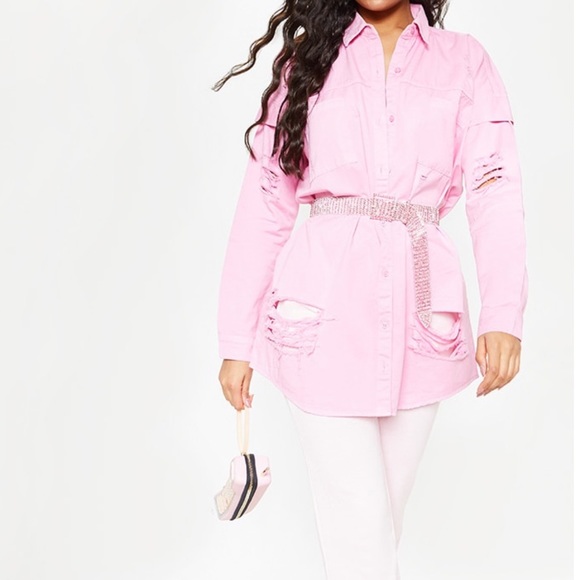 PLT | Pink Oversized Distressed Denim Shirt - Picture 3 of 10